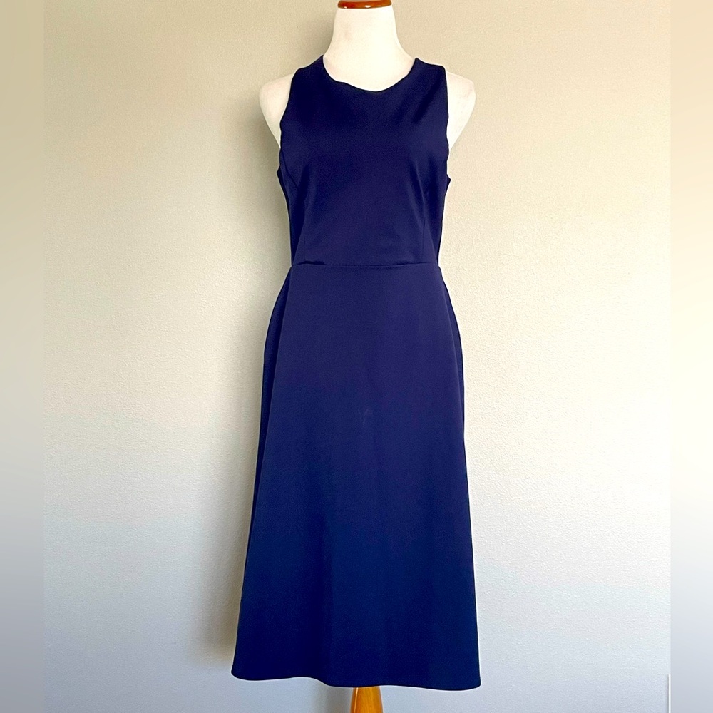 NWT Banana Republic Dress Navy Blue Ponte Midi Cross Back Sleeveless w/pockets! - Picture 2 of 7